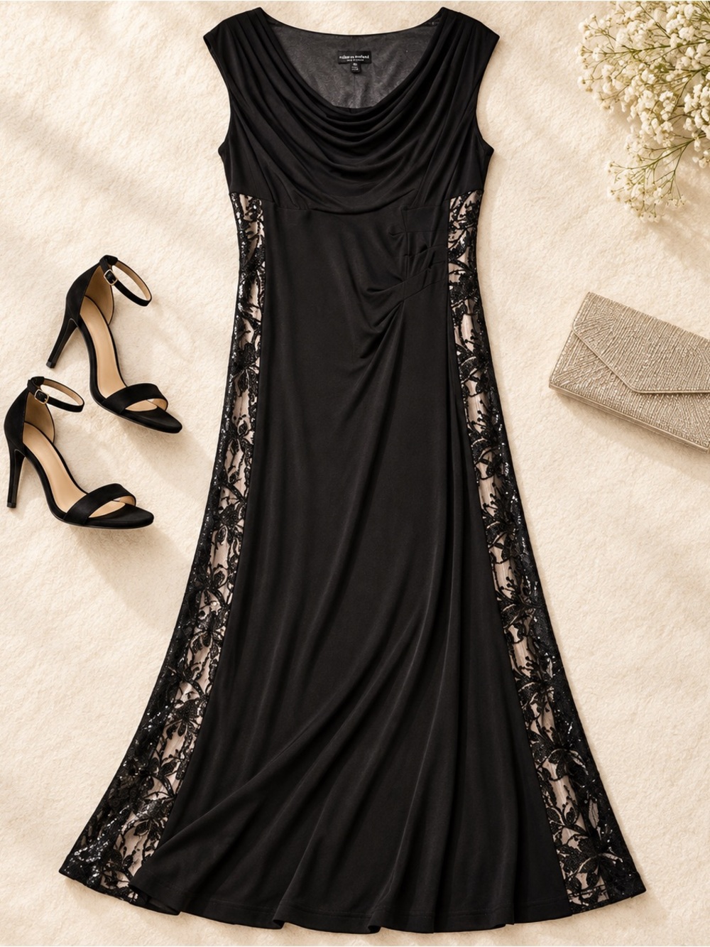 Connected Apparel Size 14 Black Sequin Lace Cowl Neck Maxi Evening Gown